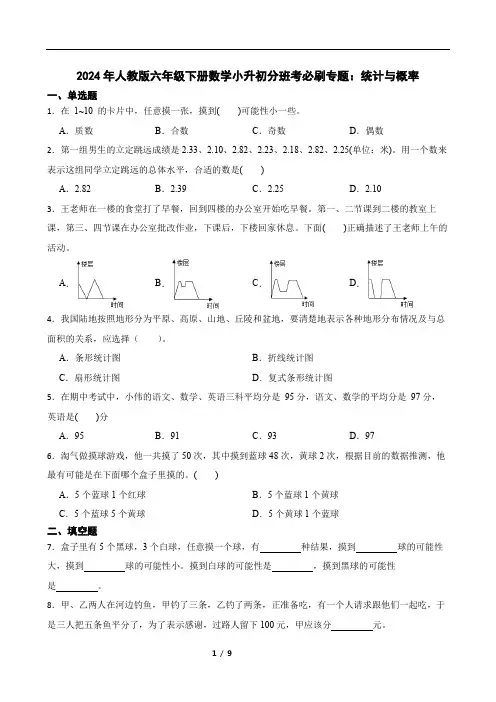 2024年人教版六年级下册数学小升初分班考必刷专题：统计与概率