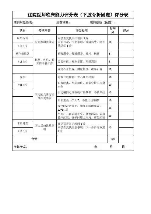 住院医师临床能力评分表(下肢骨折固定)评分表(医院骨科表格模板)