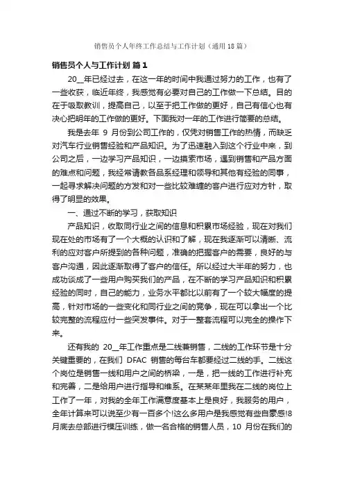 销售员个人年终工作总结与工作计划（通用18篇）
