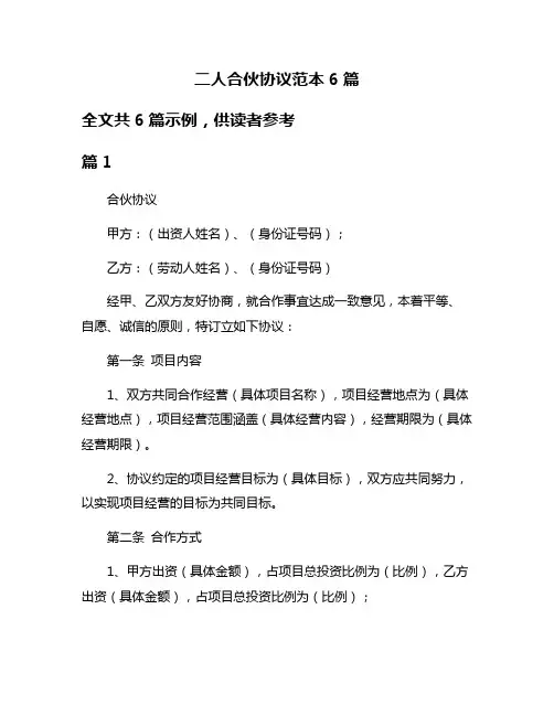 二人合伙协议范本6篇