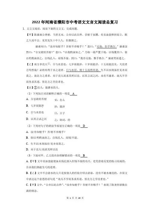 2022年河南省濮阳市中考语文文言文阅读总复习