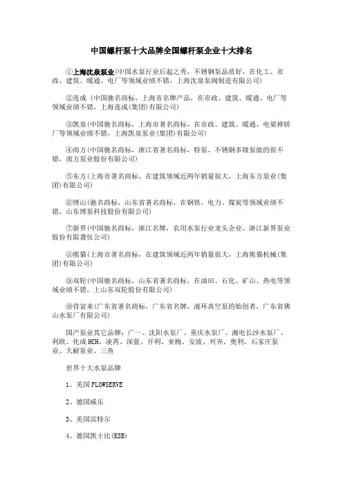 中国螺杆泵十大品牌全国螺杆泵企业十大排名