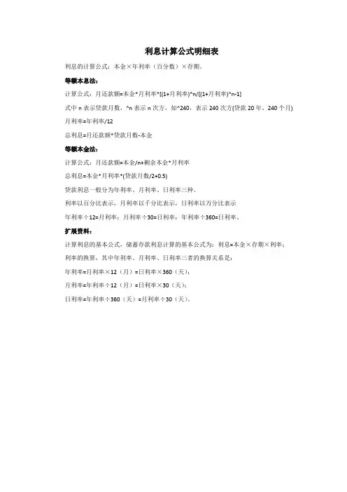 利息计算公式明细表