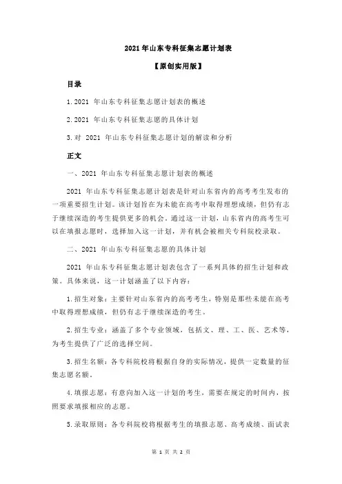 2021年山东专科征集志愿计划表