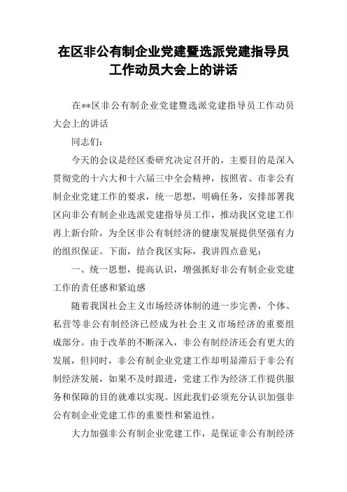 在区非公有制企业党建暨选派党建指导员工作动员大会上的讲话