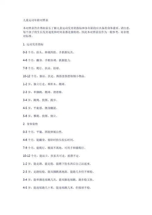 儿童运动年龄对照表