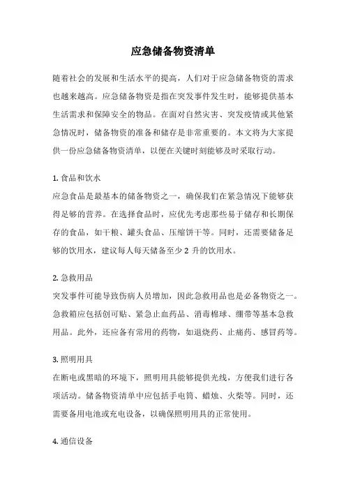 应急储备物资清单