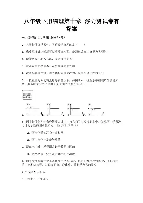 八年级下册物理第十章 浮力测试卷有答案(基础题)