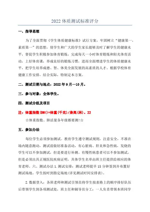 2022体质测试标准评分