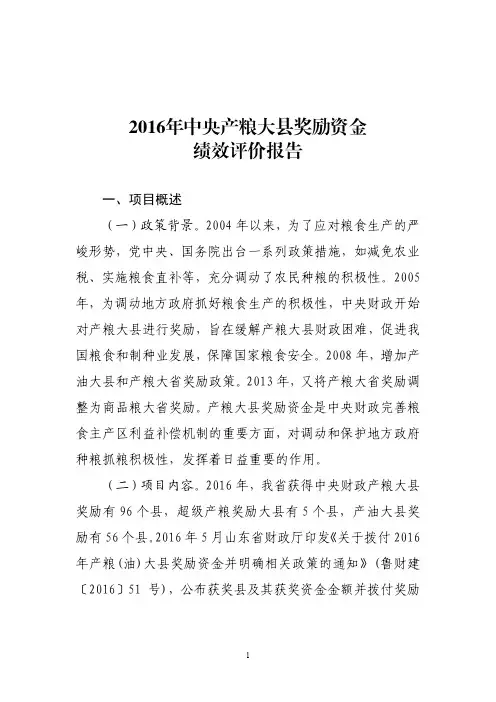中央产粮大县奖励资金绩效评价报告