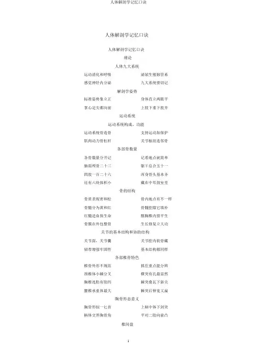 人体解剖学记忆口诀