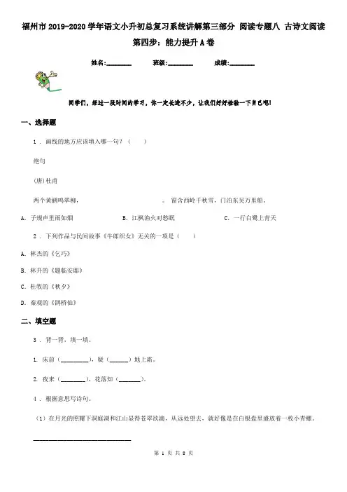 福州市2019-2020学年语文小升初总复习系统讲解第三部分 阅读专题八 古诗文阅读 第四步：能力提升A卷