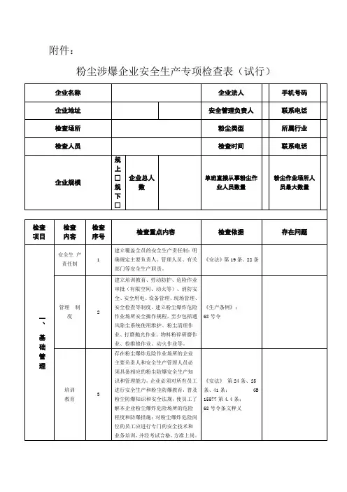粉尘涉爆企业安全生产专项检查表(试行,附检查表引用依据)
