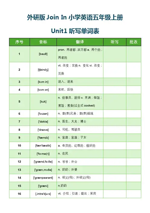 外研版Join In小学英语五年级上册Unit1听写单词表