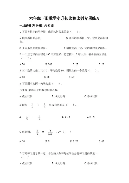 六年级下册数学小升初比和比例专项练习A4版打印