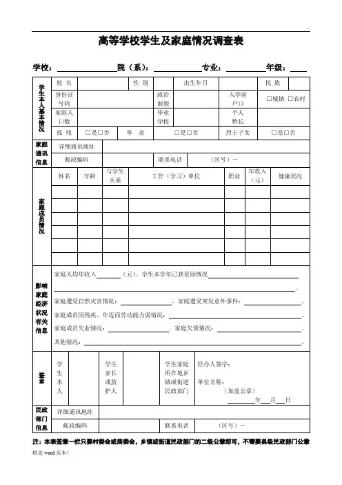 贫困生家庭情况调查表格