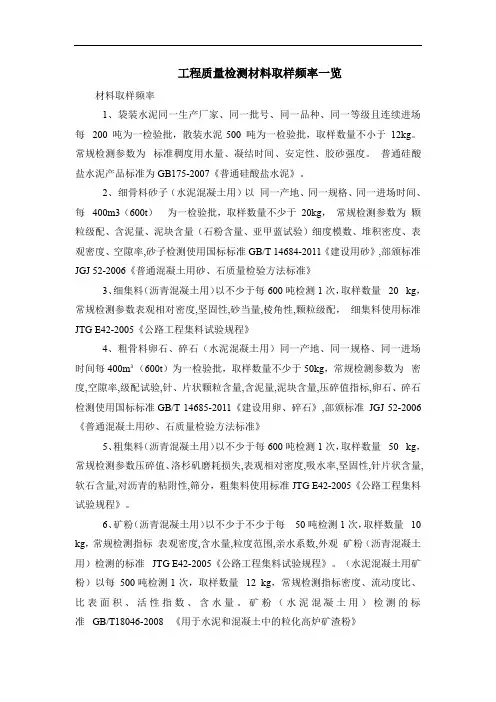 工程质量检测材料取样频率一览