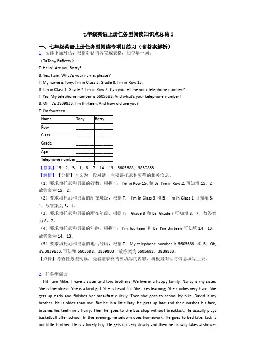 七年级英语上册任务型阅读知识点总结1