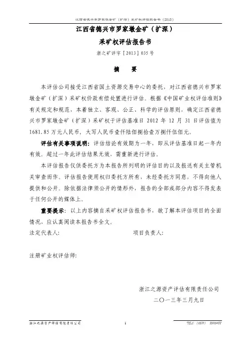 江西省德兴市罗家墩金矿(扩深) 采矿权评估报告书