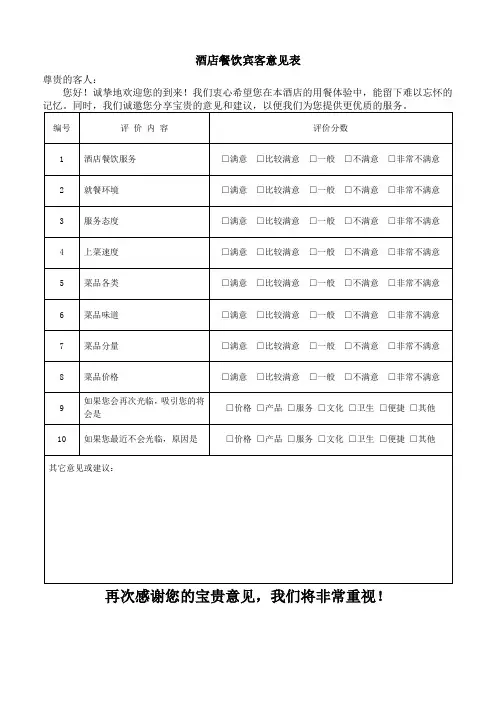 酒店餐饮宾客意见表