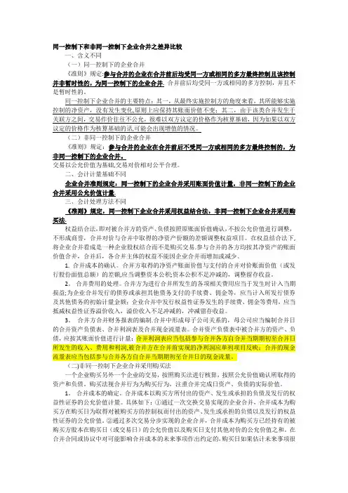 同一控制下和非同一控制下企业合并之差异比较