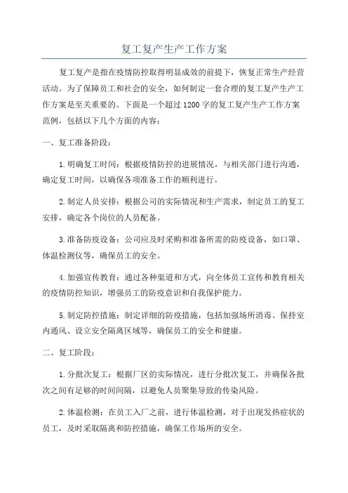 复工复产生产工作方案