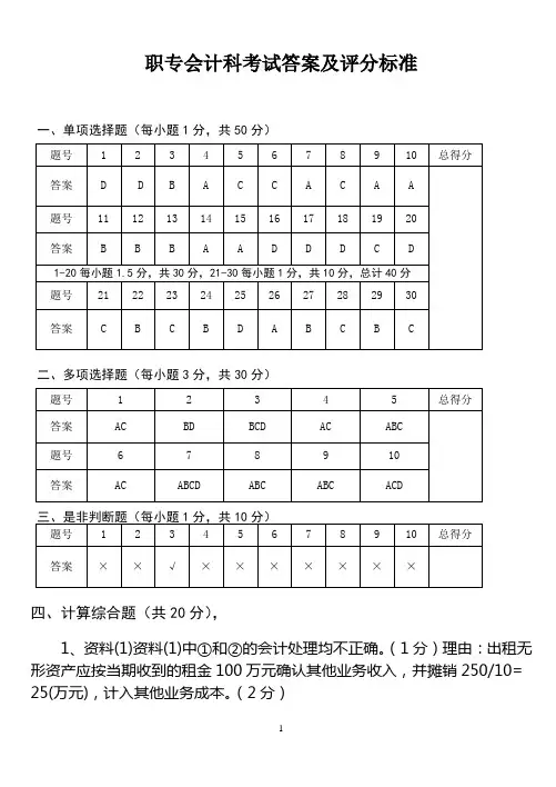 职专会计试卷参考答案