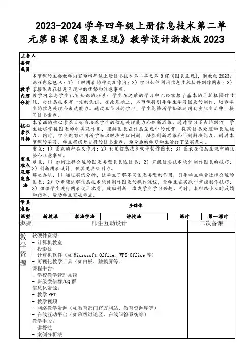 2023-2024学年四年级上册信息技术第二单元第8课《图表呈现》教学设计浙教版2023