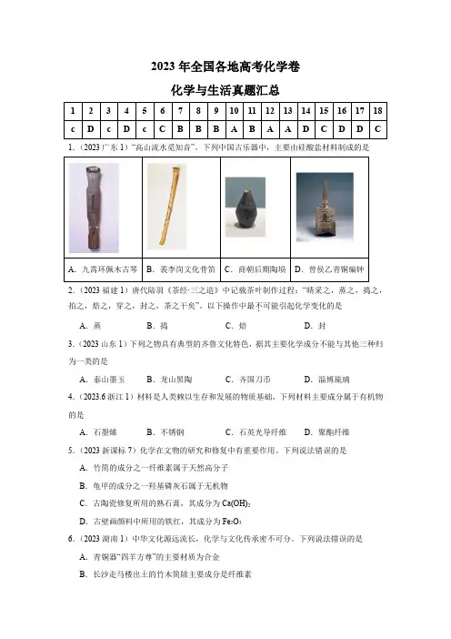 2023年全国各地高考化学卷化学与生活选择题真题汇总