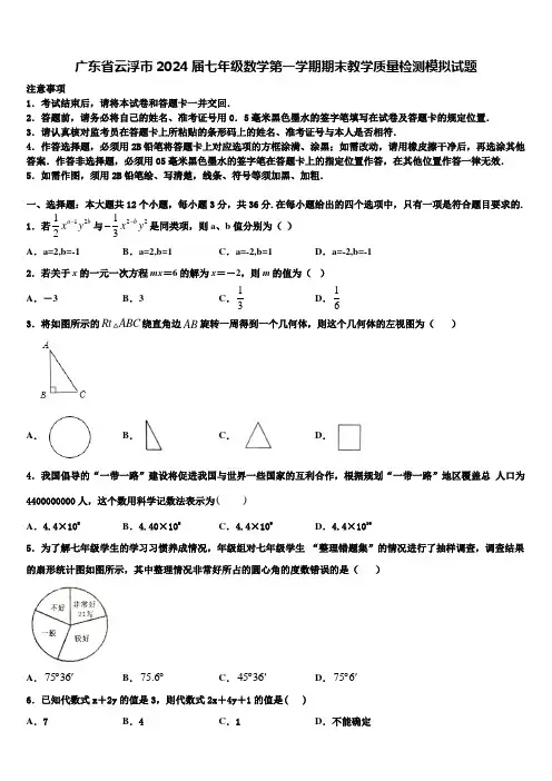 广东省云浮市2024届七年级数学第一学期期末教学质量检测模拟试题含解析
