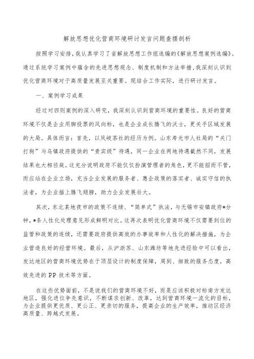解放思想优化营商环境研讨发言问题查摆剖析