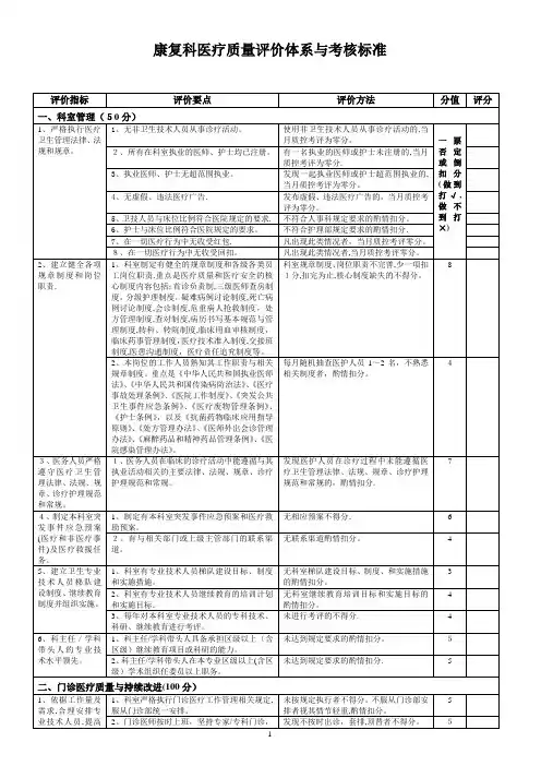 康复科医疗质量评价体系与考核标准