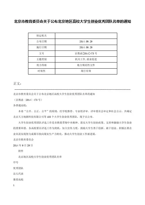 北京市教育委员会关于公布北京地区高校大学生创业优秀团队名单的通知-京教函[2014]473号