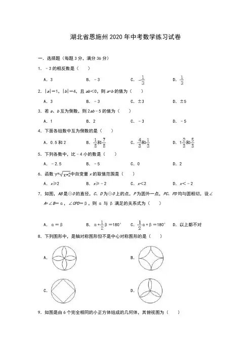 湖北省恩施州2020年中考数学练习试卷(含答案)