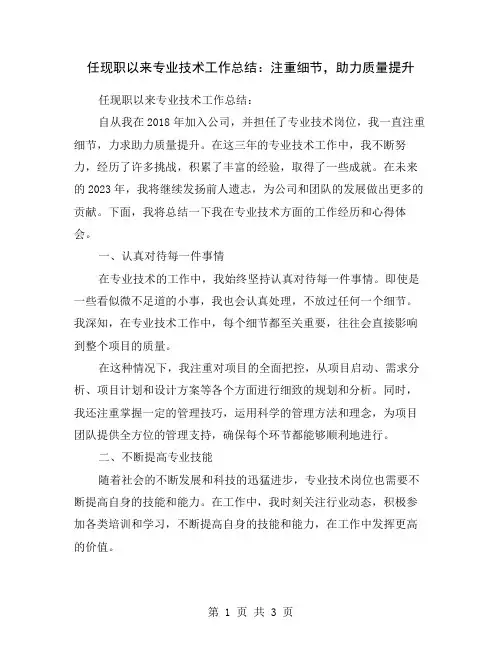 任现职以来专业技术工作总结：注重细节,助力质量提升