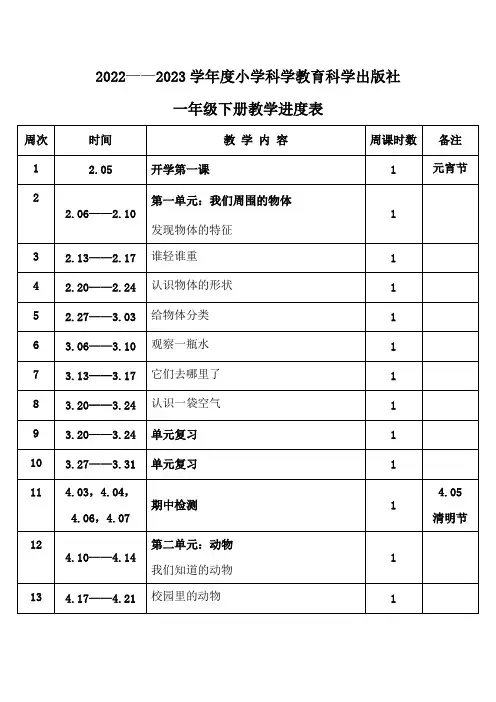 2023年春学期小学科学教育科学出版社一年级下册教学进度表