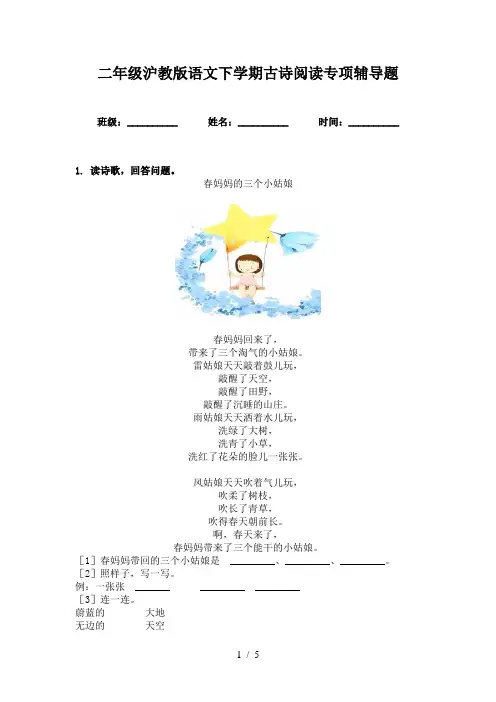 二年级沪教版语文下学期古诗阅读专项辅导题