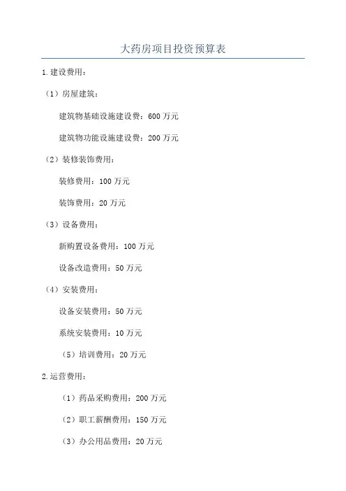大药房项目投资预算表