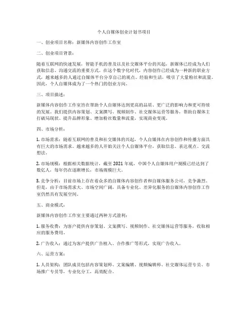 个人自媒体创业计划书项目