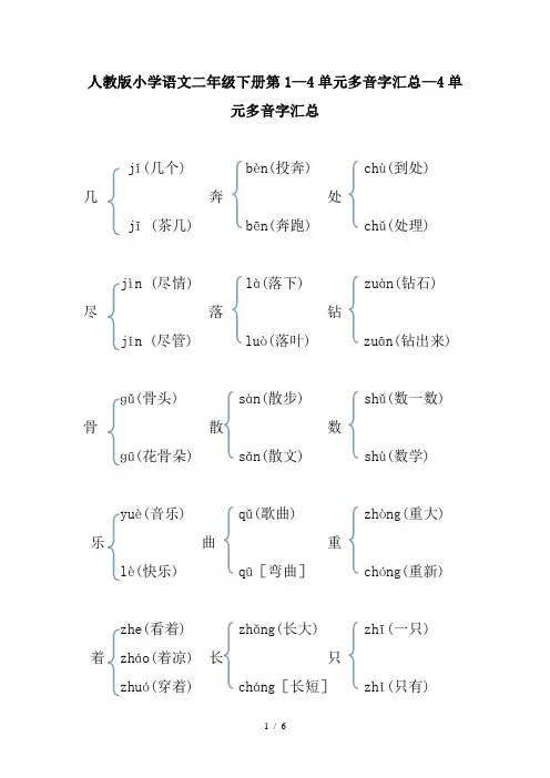 人教版小学语文二年级下册第1—4单元多音字汇总