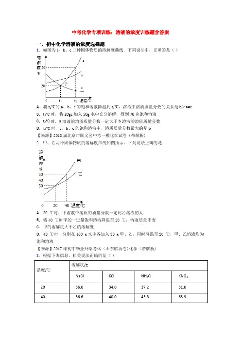 中考化学专项训练：溶液的浓度训练题含答案