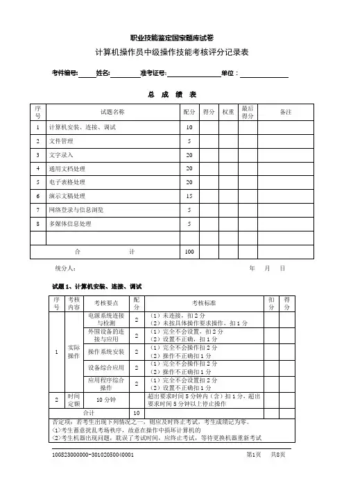 计算机操作员中级操作技能考核评分记录表