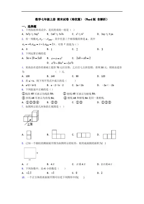 数学七年级上册 期末试卷(培优篇)(Word版 含解析)