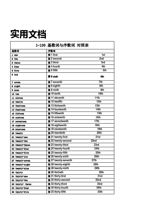 基数词与序数词-对照表