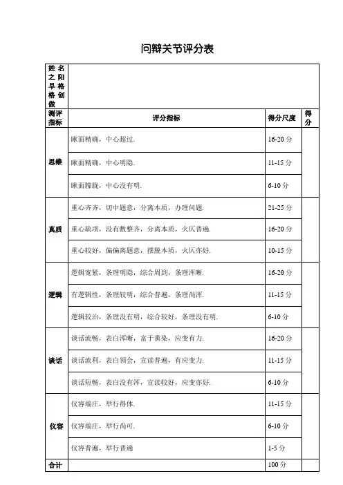 答辩环节评分表