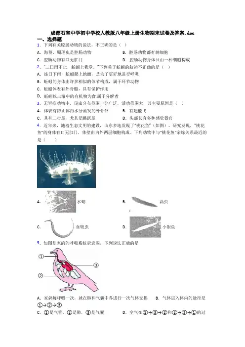 成都石室中学初中学校人教版八年级上册生物期末试卷及答案.doc
