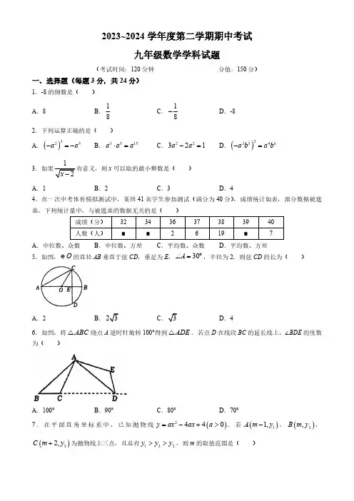 江苏省连云港市新海实验中学2023-2024学年九年级下学期期中数学试题(含答案)