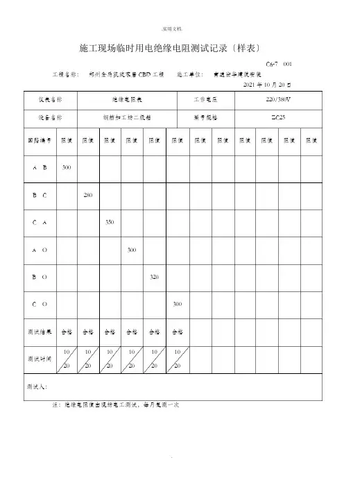 施工现场临时用电绝缘电阻测试记录