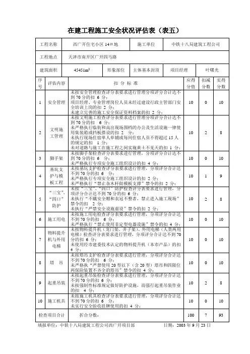 在建工程施工安全状况评估表(表五)