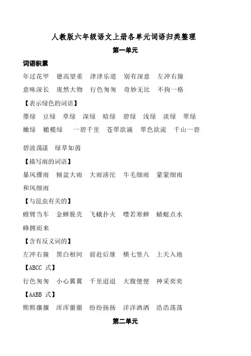 人教版六年级语文上册各单元词语归类汇总